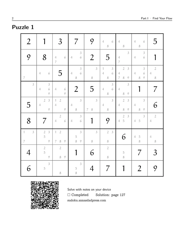 Candidates Done! Hard Sudoku, printed page 2: Puzzle 1 with candidate notes. Read the sample description below for context.