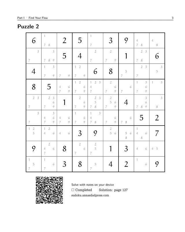 Candidates Done! Hard Sudoku, printed page 3: Puzzle 2 with candidate notes. Read the sample description below for context.
