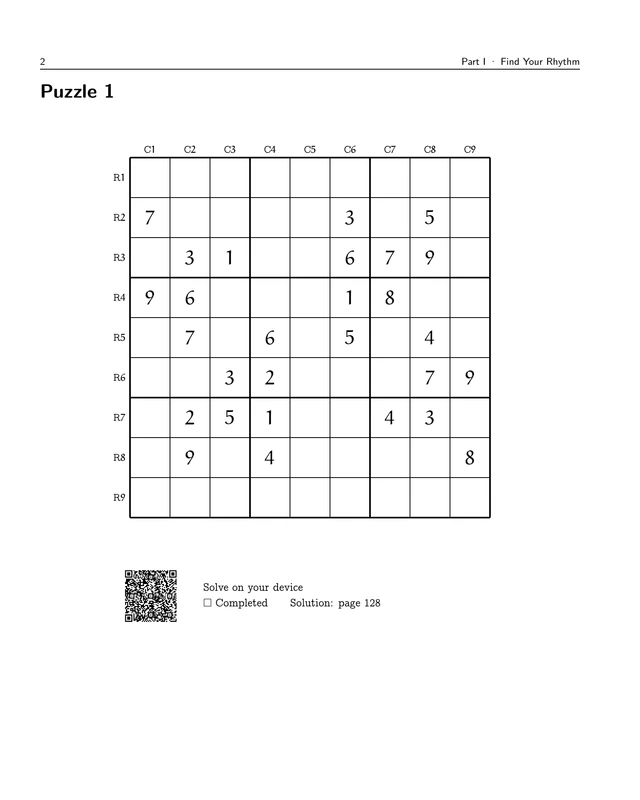Mastery! Advanced Sudoku, printed page 2: Puzzle 1. Read the sample description below for context.