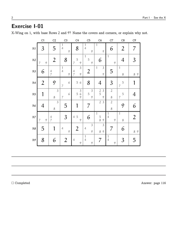 Practice! X-Wing Sudoku, printed page 2: Exercise I-01. Read the sample description below for context.