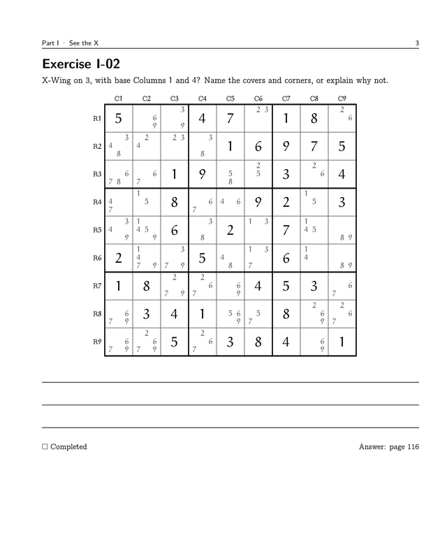 Practice! X-Wing Sudoku, printed page 3: Exercise I-02. Read the sample description below for context.