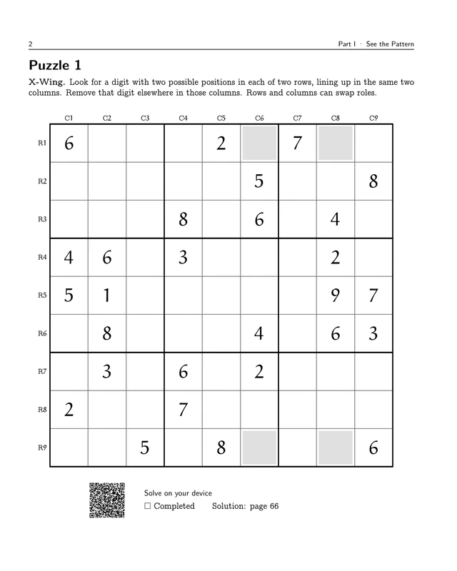 Start Here: Hard Sudoku with Visual Hints, printed page 2: Puzzle 1: X-Wing. Read the sample description below for context.