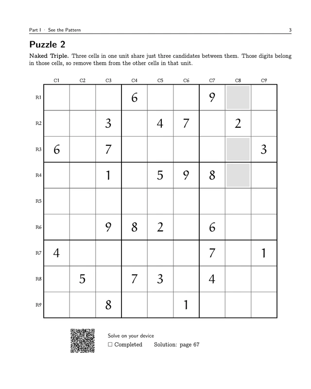 Start Here: Hard Sudoku with Visual Hints, printed page 3: Puzzle 2: Naked Triple. Read the sample description below for context.